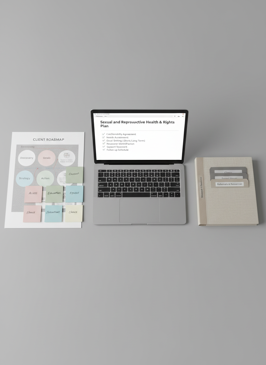 A clean, modern desk surface in soft gray hosts a carefully arranged set of SRHR coaching tools: a printed client roadmap with clearly labeled phases, color-coded sticky notes in muted pastels, and an open laptop displaying a structured checklist titled “Sexual and Reproductive Health & Rights Plan.” A slim, neutral-toned binder labeled “Referrals & Resources” lies parallel to the laptop, its tabs neat and precise. Soft studio lighting washes evenly across the scene, creating gentle, professional shadows. The mood is supportive and methodical, conveying a sense of order and expertise. Shot from a slightly elevated overhead perspective with balanced composition and sharp focus throughout, the photographic realism and corporate aesthetic reinforce trust and thoughtful planning.