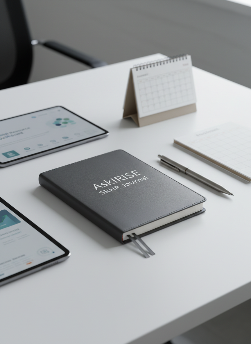 A sleek, closed leather-bound notebook embossed with the title “AskIRISE SRHR Journal” in subtle silver lettering rests at the center of a matte white desk. Around it lie neatly aligned neutral-toned stationery: a fine-tip pen, a minimalist calendar, and a slim tablet displaying a softly blurred SRHR resource dashboard. Cool, diffused daylight from an unseen window creates balanced, shadow-free illumination, reflecting gently on metallic edges. The mood is professional, calm, and organized, suggesting structured guidance and support. Captured at eye level with a slightly elevated angle, the composition follows the rule of thirds, with a shallow depth of field to keep the notebook in crisp focus while the background fades into a soft photographic blur, emphasizing clarity and reliability.