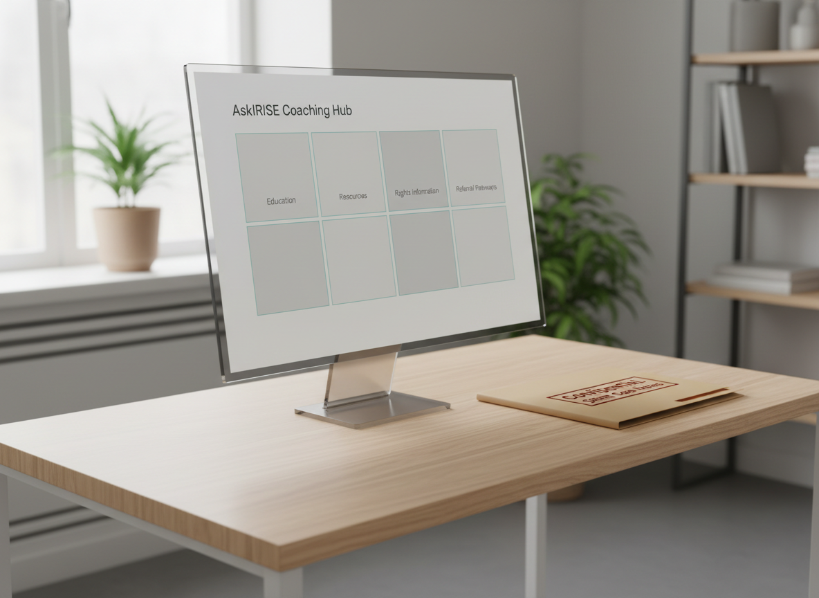A tidy digital workspace is displayed on an ultra-thin monitor standing on a pale wooden desk with crisp edges. The screen shows a wireframe-style dashboard titled “AskIRISE Coaching Hub,” featuring clearly segmented panels for “Education,” “Resources,” “Rights Information,” and “Referral Pathways,” all in neutral grays with subtle accent lines in soft teal. To the side, a closed folder stamped “Confidential SRHR Case Notes” rests perfectly aligned with the monitor base. Natural, overcast daylight from a side window casts a gentle, even glow, eliminating harsh contrasts. The mood is secure, confidential, and highly professional. Photographed from a three-quarter angle with moderate depth of field, the background office elements are softly blurred, focusing attention on the structured, organized digital interface.