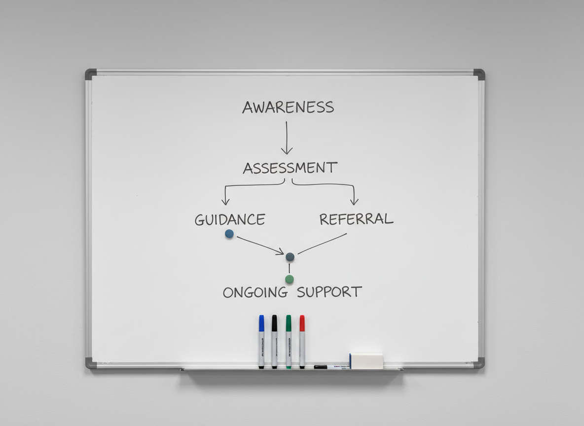 A minimalist whiteboard mounted on a pale gray office wall shows a clearly structured SRHR coaching flowchart in dark gray marker, with headings like “Awareness,” “Assessment,” “Guidance,” “Referral,” and “Ongoing Support” connected by clean arrows. Small magnetic markers in muted blues and greens highlight key decision points. A slim metal tray below holds a neatly arranged set of markers and an eraser. Soft, even overhead lighting reduces glare on the whiteboard surface, allowing every word to remain legible. The mood is systematic, analytical, and focused on process. Photographed straight-on with sharp focus and balanced framing, the image emphasizes the clean lines and corporate aesthetic of a professional coaching framework presented with photographic realism.