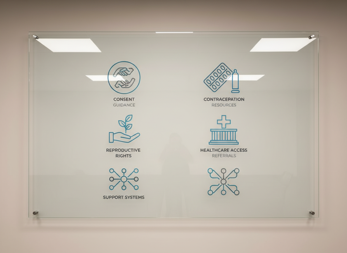 An abstract yet professional SRHR concept board covers a large, frameless glass panel mounted on a light taupe wall. On the glass, neatly arranged icons represent contraception, consent, reproductive rights, and healthcare access, all rendered as simple line graphics in muted blues and grays. Discrete labels such as “Guidance,” “Resources,” “Coaching,” and “Referrals” appear in a clean sans-serif typeface. Soft, indirect office lighting from overhead panels creates a faint reflection on the glass, adding depth without distraction. The atmosphere is analytical yet approachable. Captured straight-on at eye level, the composition is symmetrical and carefully balanced, with sharp focus on every icon. The photographic image feels like a corporate strategy room, visualizing structured, rights-based sexual and reproductive health support.