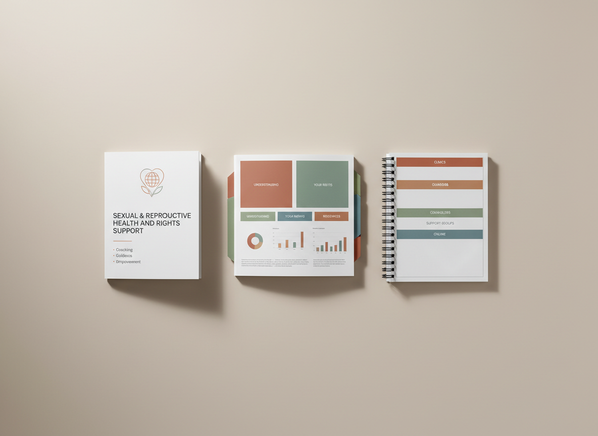 A set of meticulously designed SRHR coaching materials is laid out on a smooth, neutral beige surface: a tri-fold brochure labeled “Sexual & Reproductive Health and Rights Support,” a resource booklet with section dividers, and a referral directory with tabbed sections in understated earth tones. The typography is clean and corporate, with infographics and diagrams visible but not dominant. Soft studio lighting from the left creates gentle gradients across the paper textures, with faint, controlled shadows to the right. The mood is reassuring and professional, emphasizing clarity of information. Captured from directly above, the flat-lay composition is precisely aligned, with each piece parallel and evenly spaced, embodying a structured, organized approach in a realistic photographic style.